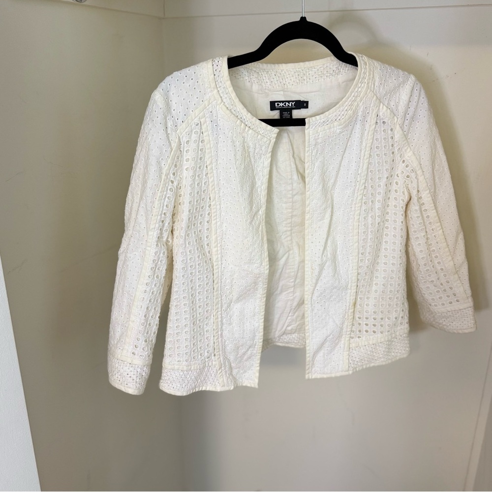 DKNY White Cropped Open Front Blazer